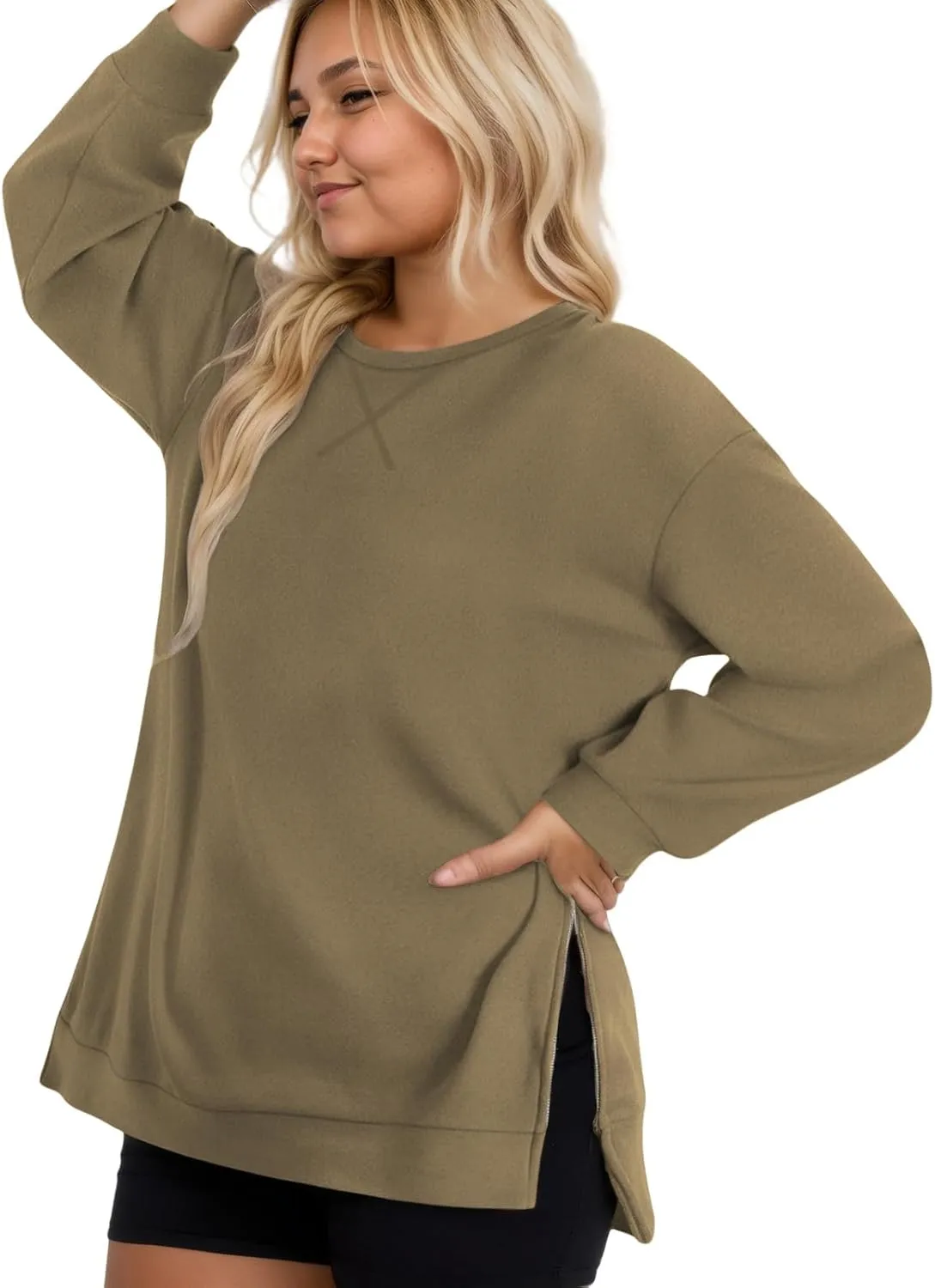 VISLILY Women's-Plus-Size-Oversized-Sweatshirts Trendy Zipper Side Slit Pullover Tops Casual Loose Long Sleeve Shirts XL-5XL
