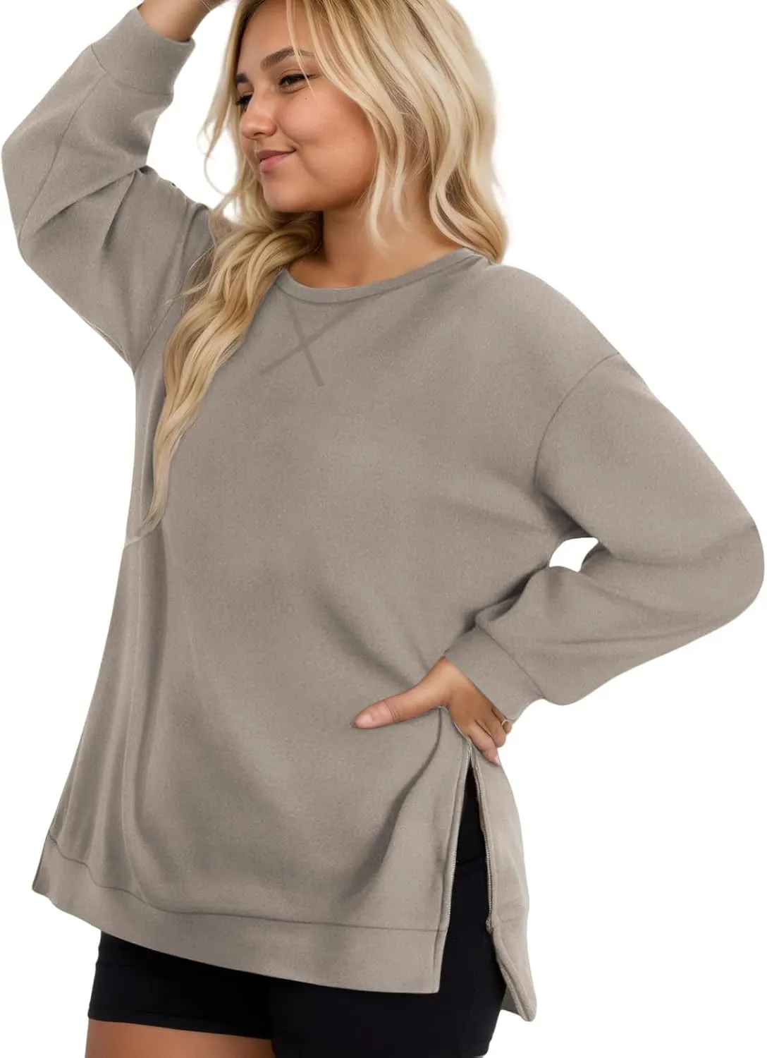 VISLILY Women's-Plus-Size-Oversized-Sweatshirts Trendy Zipper Side Slit Pullover Tops Casual Loose Long Sleeve Shirts XL-5XL
