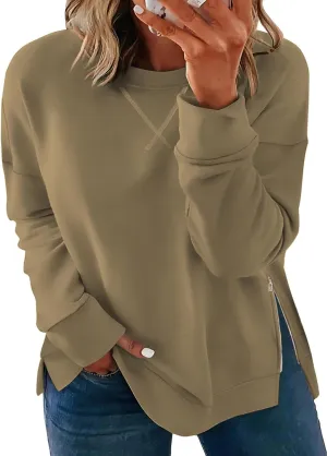 VISLILY Women's-Plus-Size-Oversized-Sweatshirts Trendy Zipper Side Slit Pullover Tops Casual Loose Long Sleeve Shirts XL-5XL
