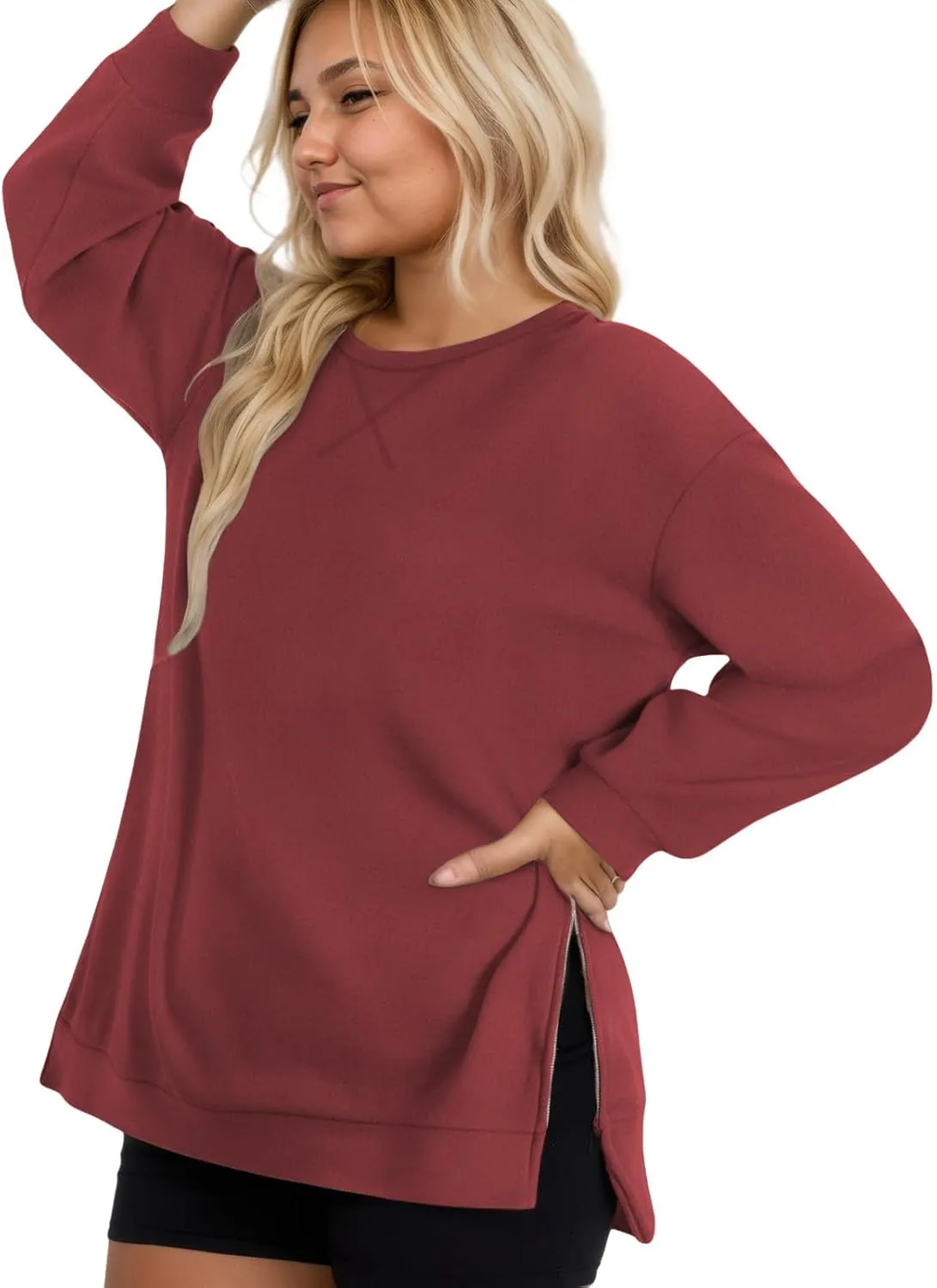 VISLILY Women's-Plus-Size-Oversized-Sweatshirts Trendy Zipper Side Slit Pullover Tops Casual Loose Long Sleeve Shirts XL-5XL