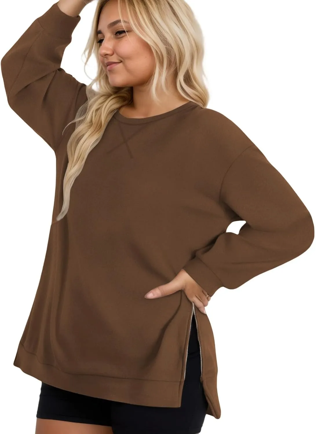 VISLILY Women's-Plus-Size-Oversized-Sweatshirts Trendy Zipper Side Slit Pullover Tops Casual Loose Long Sleeve Shirts XL-5XL