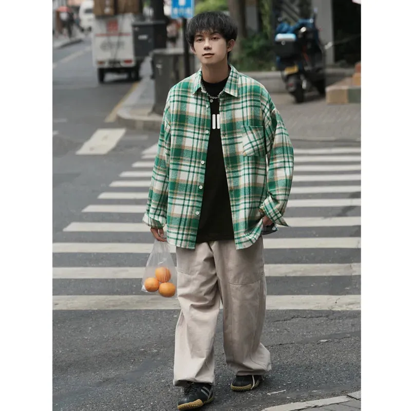 Wiaofellas  -  Winter Thick Shirt Men Oversized Fashion Retro Plaid Shirt Men Streetwear Korean Loose Woolen Shirt Mens Thicken Casual Shirts