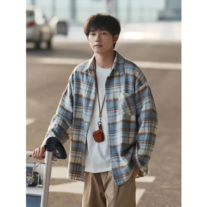 Wiaofellas  -  Winter Thick Shirt Men Oversized Fashion Retro Plaid Shirt Men Streetwear Korean Loose Woolen Shirt Mens Thicken Casual Shirts