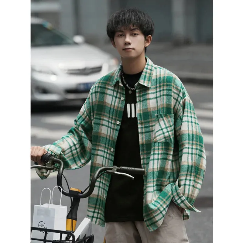 Wiaofellas  -  Winter Thick Shirt Men Oversized Fashion Retro Plaid Shirt Men Streetwear Korean Loose Woolen Shirt Mens Thicken Casual Shirts