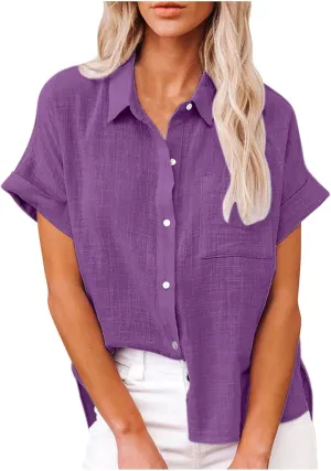 Wkishenl Womens Button Down Shirts Plus Size Cotton Linen Tops Loose Casual V Neck Blouse Summer Trendy T-Shirts with Pockets