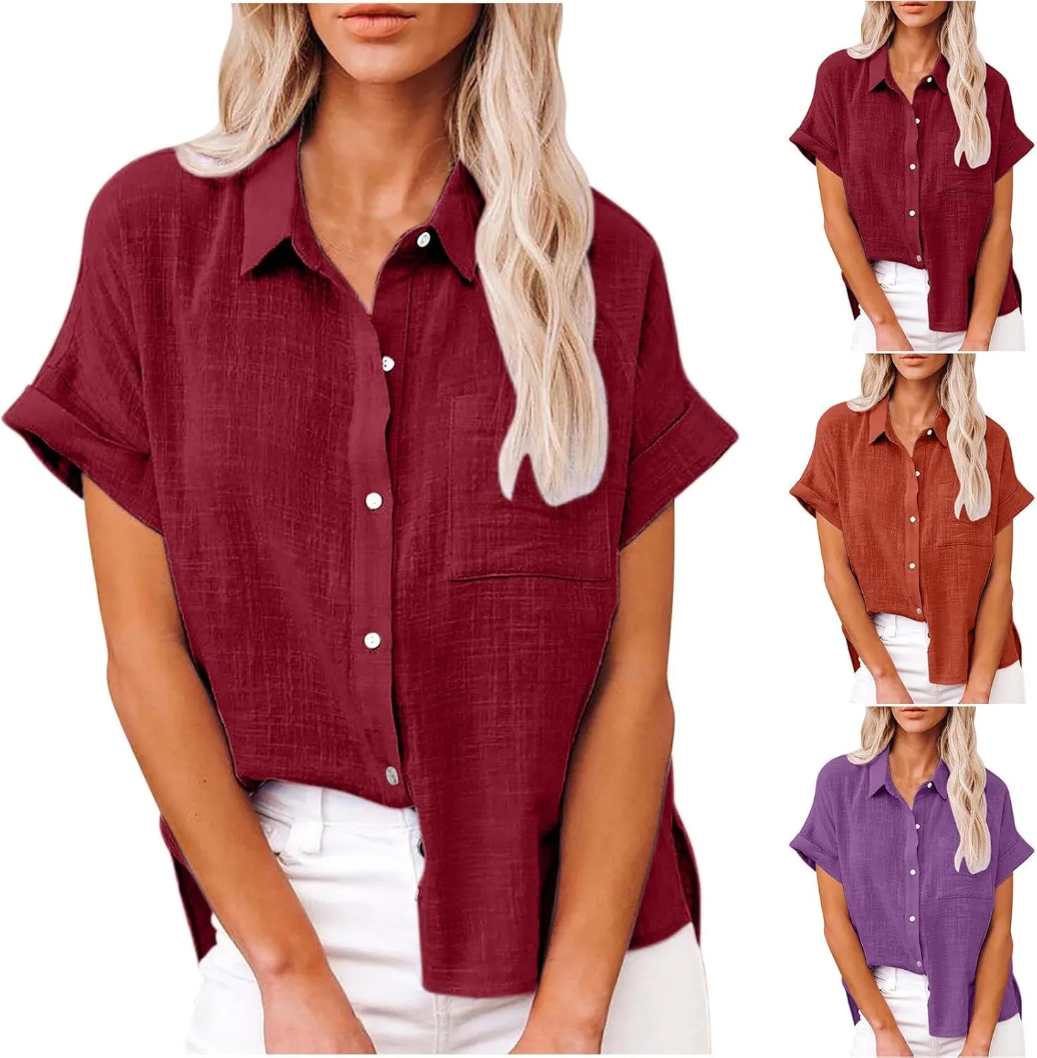 Wkishenl Womens Button Down Shirts Plus Size Cotton Linen Tops Loose Casual V Neck Blouse Summer Trendy T-Shirts with Pockets