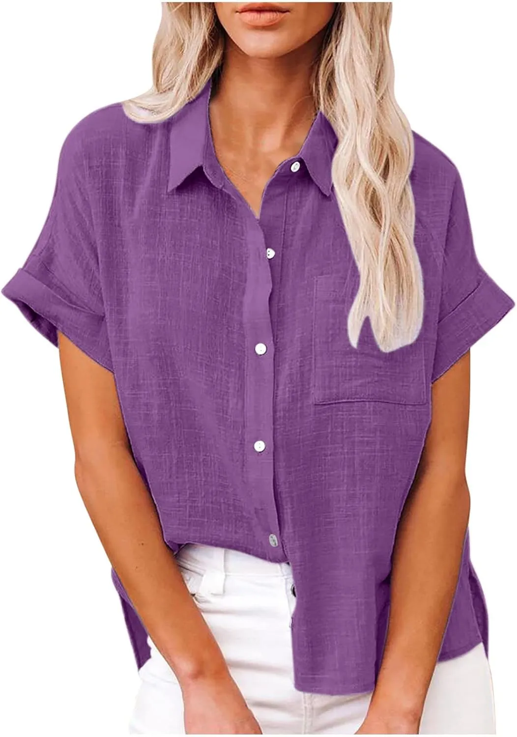 Wkishenl Womens Button Down Shirts Plus Size Cotton Linen Tops Loose Casual V Neck Blouse Summer Trendy T-Shirts with Pockets