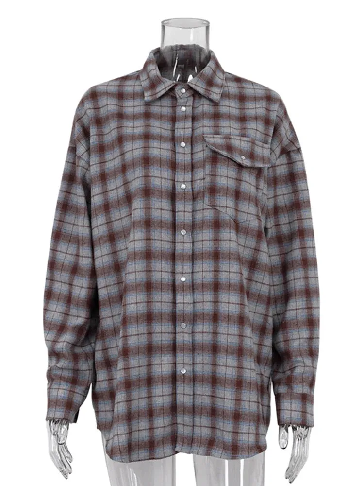 Women Autumn Winter Classics Vintage Oversized Flannel Plaid Shirt Long Sleeve Loose Fit Blouse Female