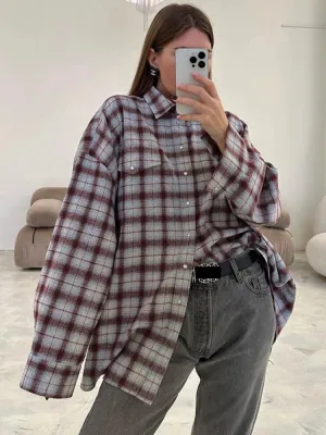 Women Autumn Winter Classics Vintage Oversized Flannel Plaid Shirt Long Sleeve Loose Fit Blouse Female