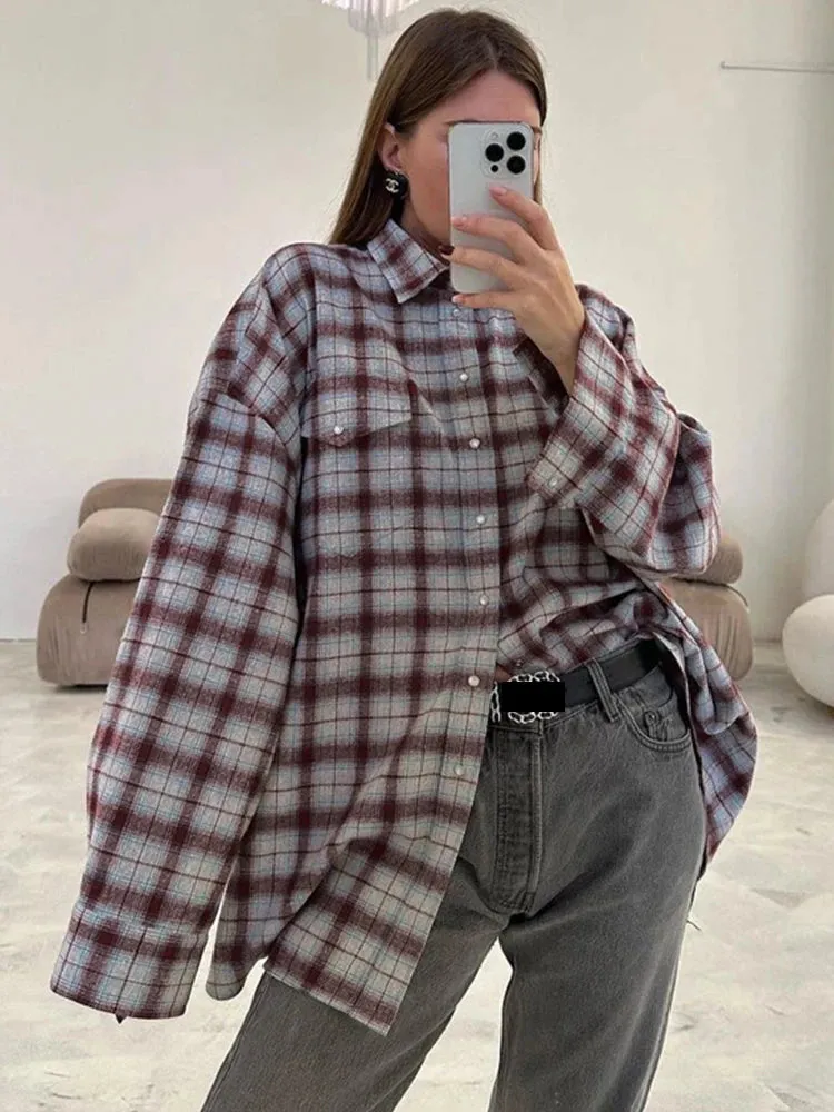 Women Autumn Winter Classics Vintage Oversized Flannel Plaid Shirt Long Sleeve Loose Fit Blouse Female
