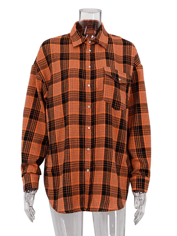 Women Autumn Winter Classics Vintage Oversized Flannel Plaid Shirt Long Sleeve Loose Fit Blouse Female