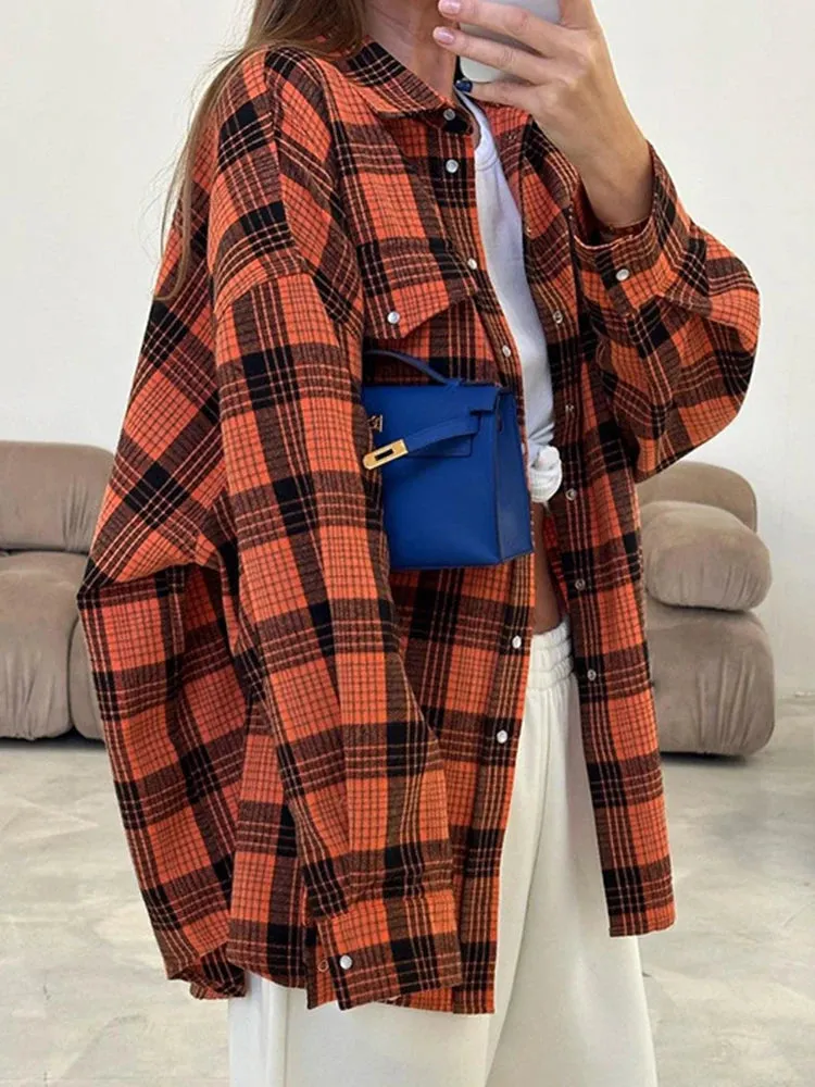 Women Autumn Winter Classics Vintage Oversized Flannel Plaid Shirt Long Sleeve Loose Fit Blouse Female