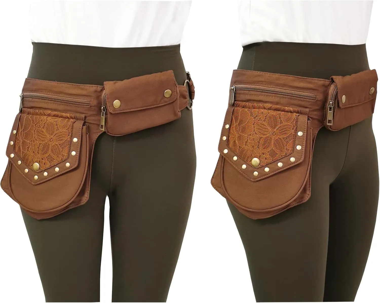 Women Brown Waist Pack, Renaissance Bag Thigh Bag, Light Weight Polyester, Adjustable Waist Belt, Festival Gift