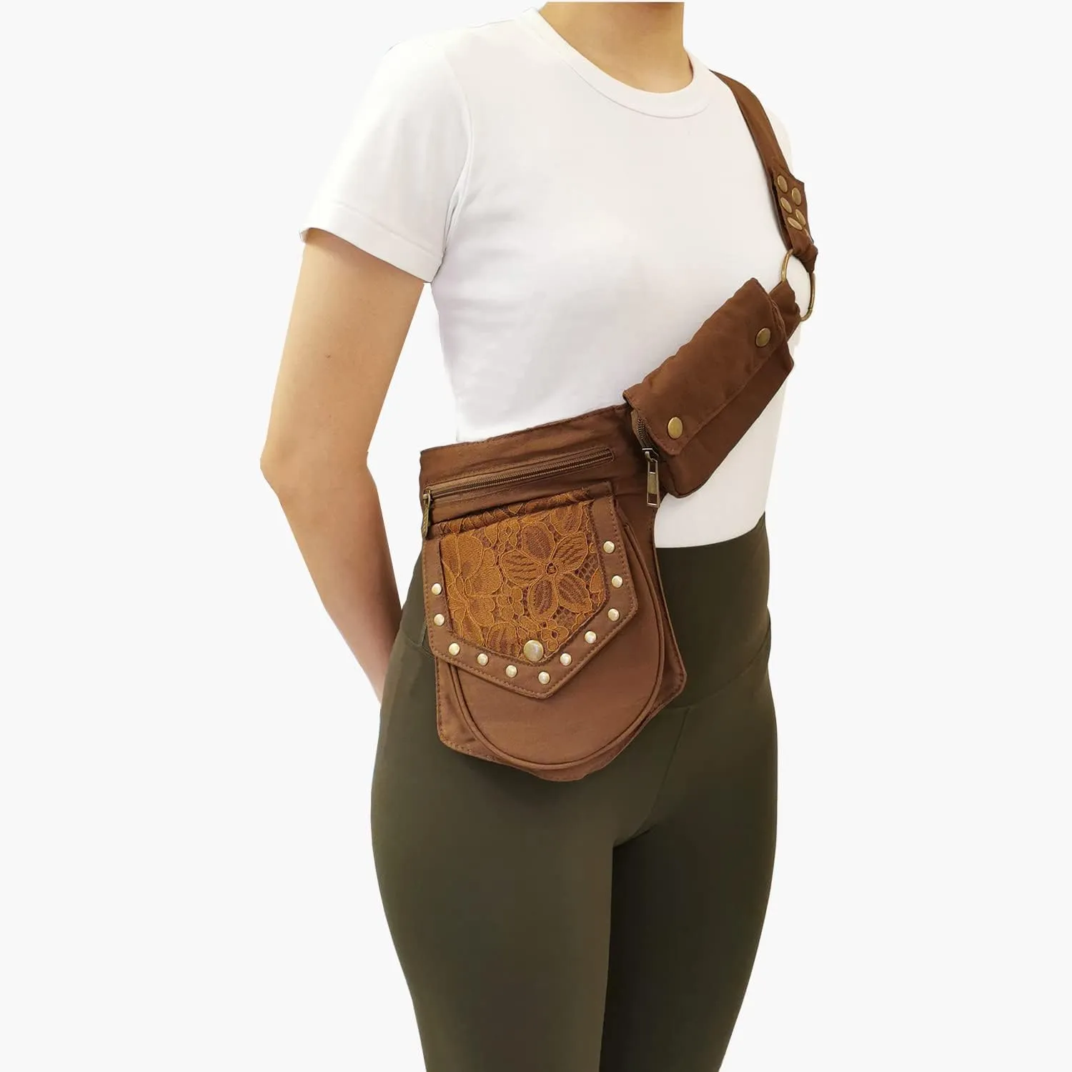 Women Brown Waist Pack, Renaissance Bag Thigh Bag, Light Weight Polyester, Adjustable Waist Belt, Festival Gift