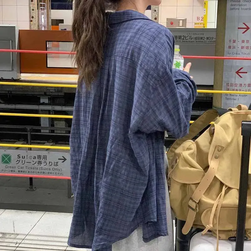 Women Fashion Retro Plaid Shirts Turn Down Collar Long Sleeve Loose Shirt New In Streetwear Casual Oversized Button Top