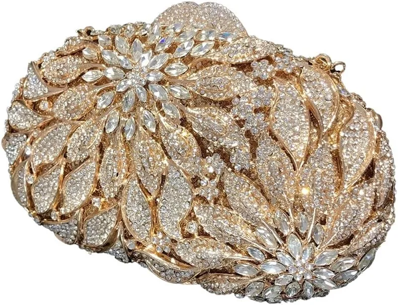 Women Floral Rhinestone Clutch Purse Elegant Leaves Crystal Evening Bag Handbag for Engagement Wedding Anniversary