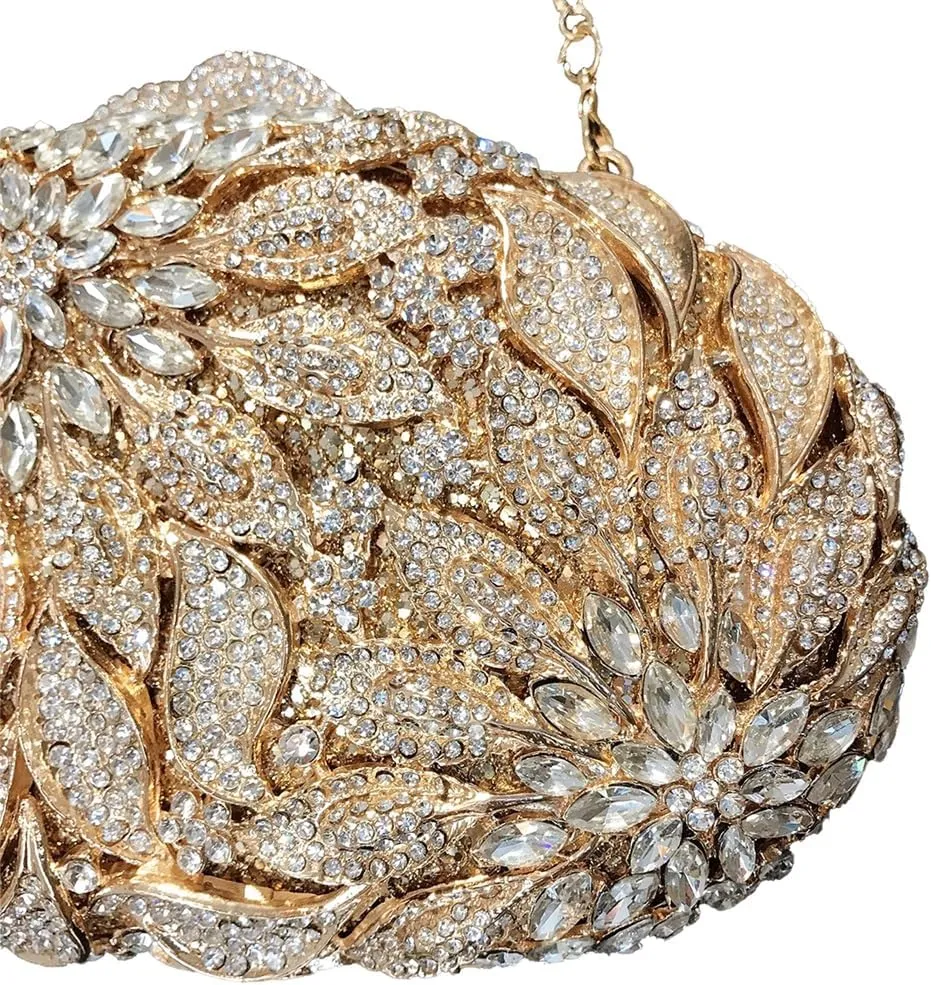 Women Floral Rhinestone Clutch Purse Elegant Leaves Crystal Evening Bag Handbag for Engagement Wedding Anniversary