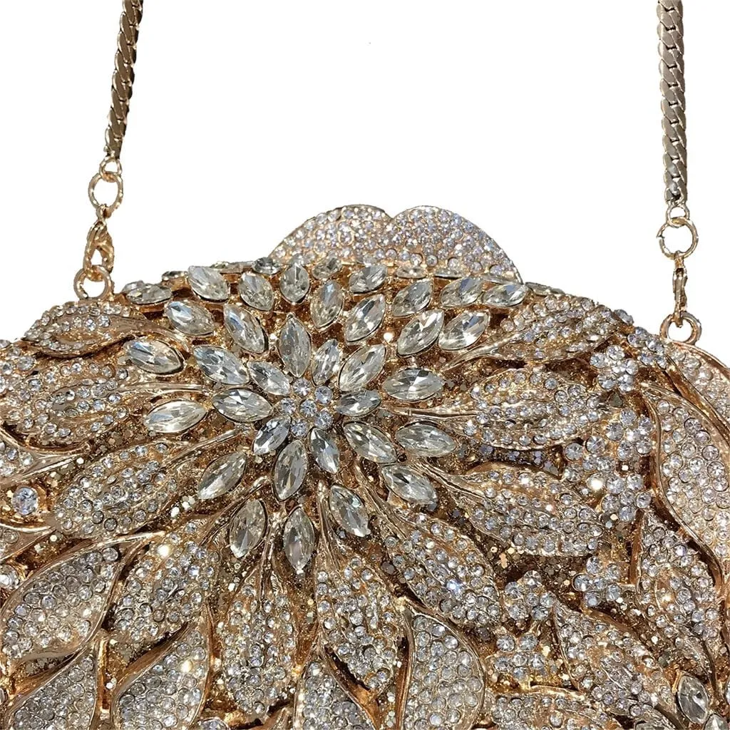Women Floral Rhinestone Clutch Purse Elegant Leaves Crystal Evening Bag Handbag for Engagement Wedding Anniversary