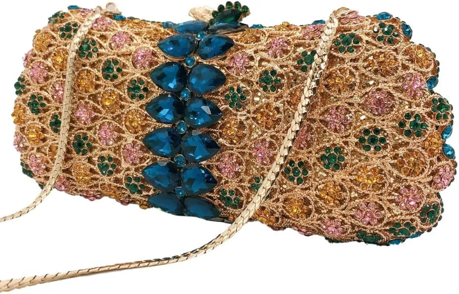 Women Formal Rhinestone Clutch Purse Chic Crystal Evening Bag Floral Handbag for Holiday Wedding Celebration