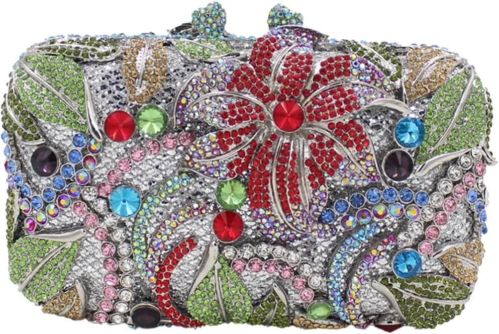 Women Rhinestones Flower Clutch Purse Stylish Crystal Evening Bag Elegant Handbag for Dance Gathering Dinner Evening