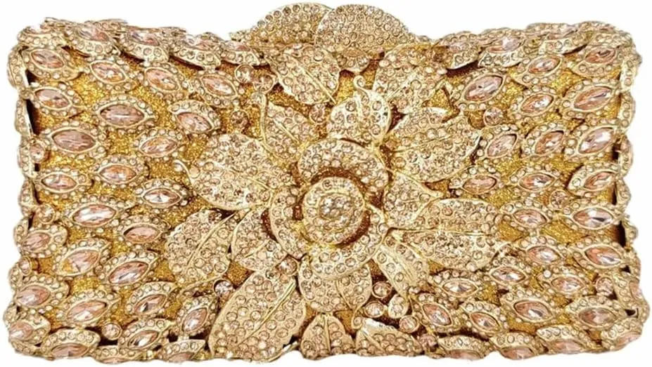Women Sparkling Rose Crystal Evening Clutch Floral Rhinestone Wedding Purse Chic Flower Handbag for Prom Dating