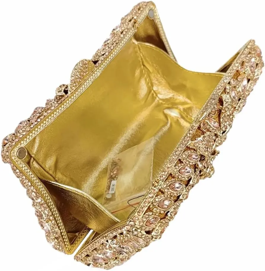 Women Sparkling Rose Crystal Evening Clutch Floral Rhinestone Wedding Purse Chic Flower Handbag for Prom Dating