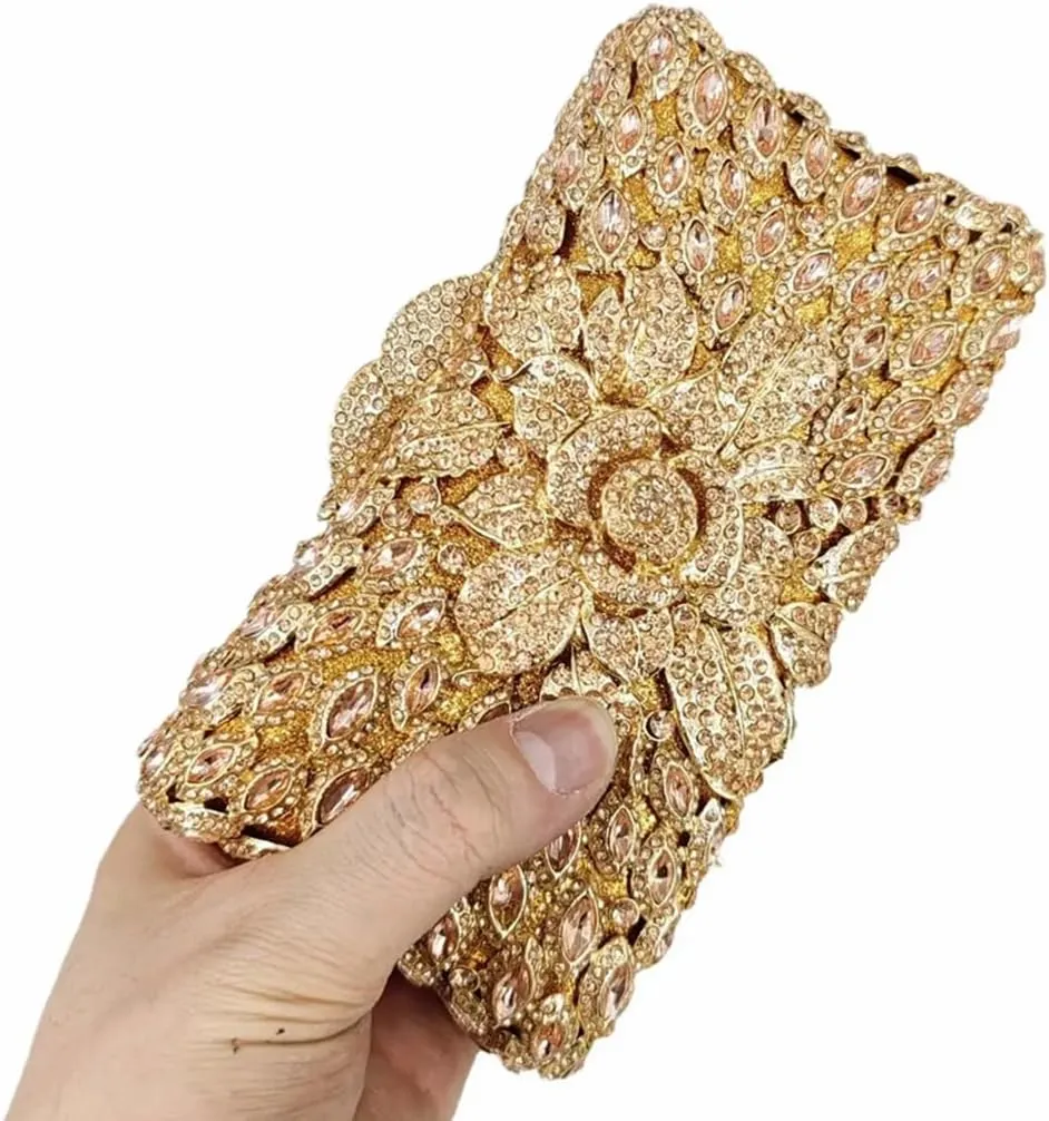 Women Sparkling Rose Crystal Evening Clutch Floral Rhinestone Wedding Purse Chic Flower Handbag for Prom Dating
