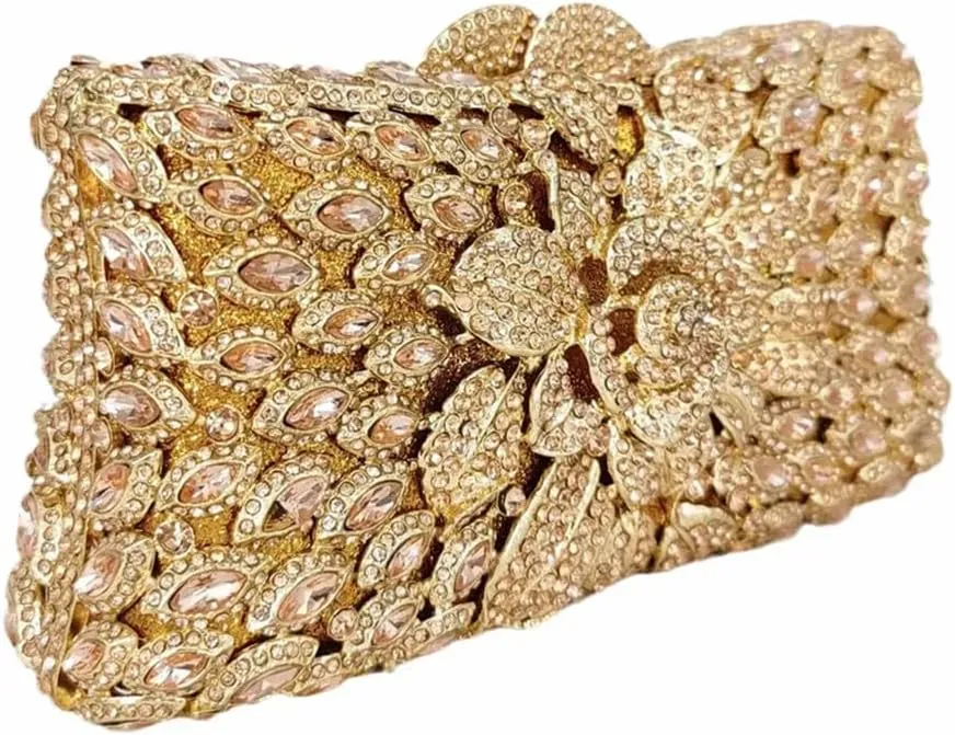 Women Sparkling Rose Crystal Evening Clutch Floral Rhinestone Wedding Purse Chic Flower Handbag for Prom Dating