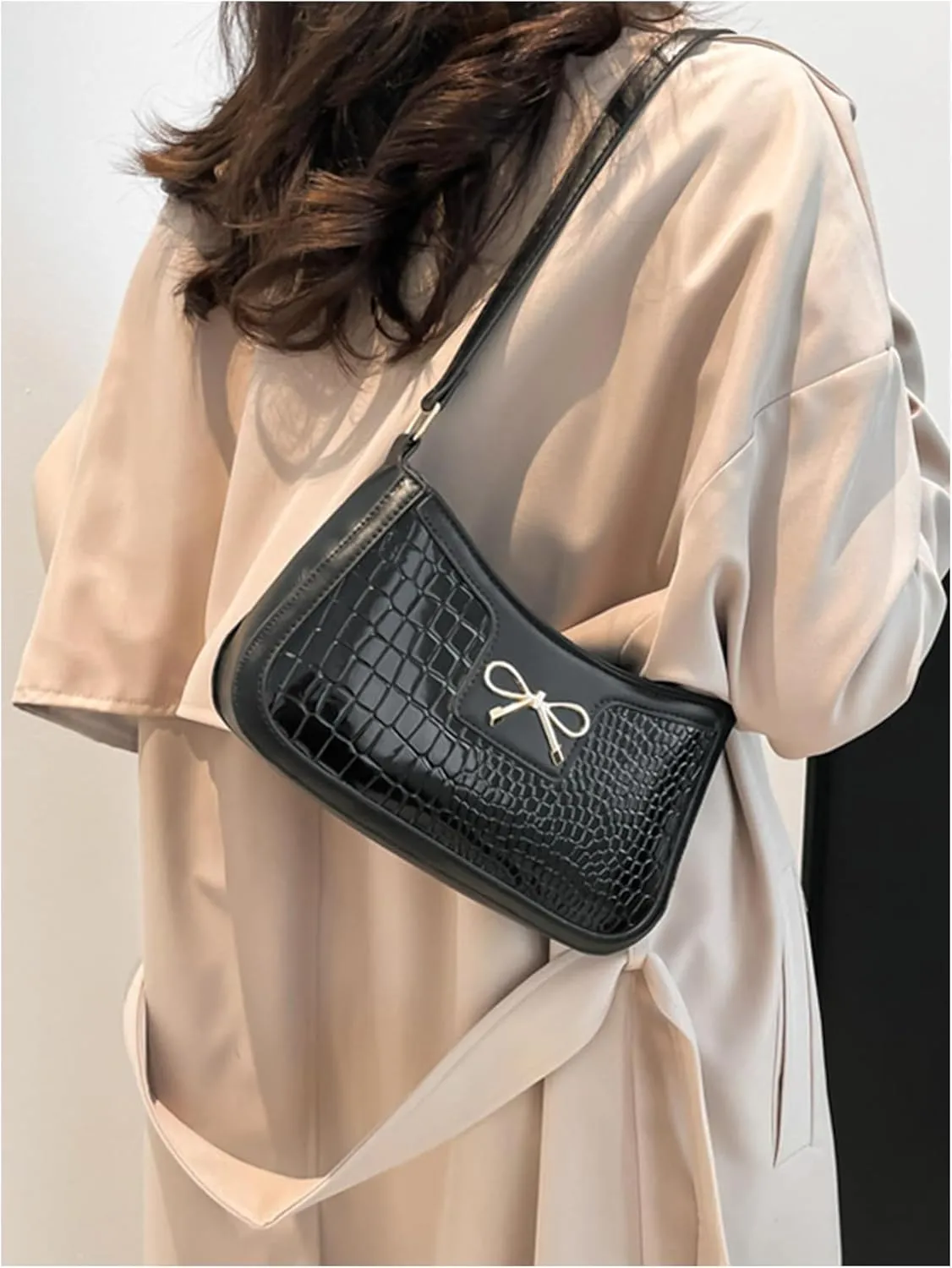 Women's Bowknot Top Handle Vintage Shoulder Handbag PU Leather Clutch Purse Elegant Underarm Bags