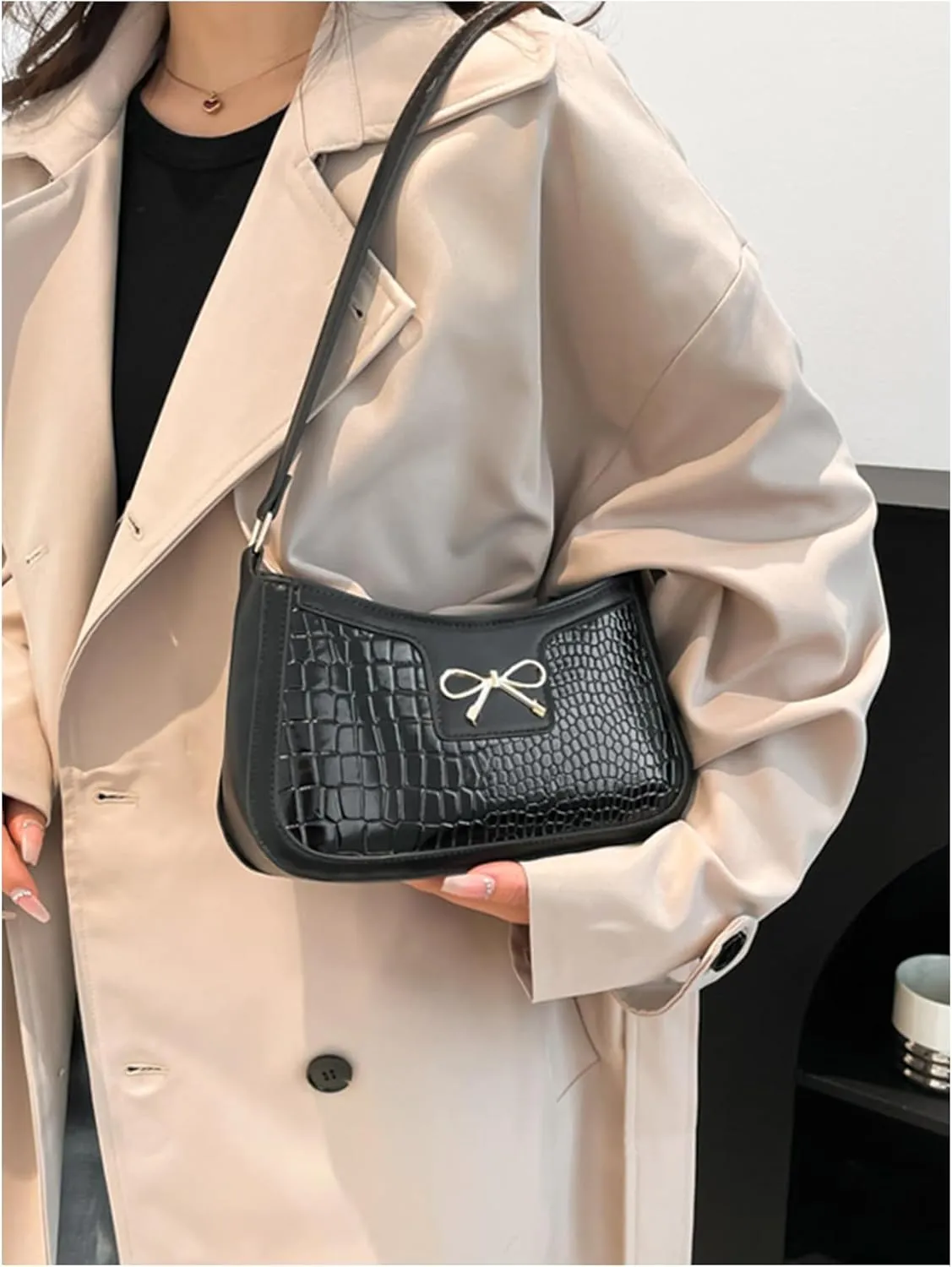 Women's Bowknot Top Handle Vintage Shoulder Handbag PU Leather Clutch Purse Elegant Underarm Bags
