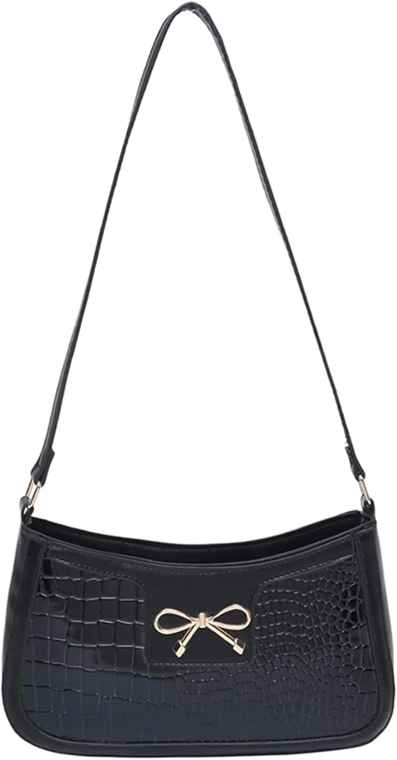Women's Bowknot Top Handle Vintage Shoulder Handbag PU Leather Clutch Purse Elegant Underarm Bags