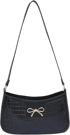 Women's Bowknot Top Handle Vintage Shoulder Handbag PU Leather Clutch Purse Elegant Underarm Bags