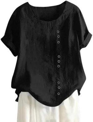 Women's Cotton Linen Shirts Short Sleeve Crewneck Blouse Button Casual Loose Fit T Shirt Tunic Tops for Summer