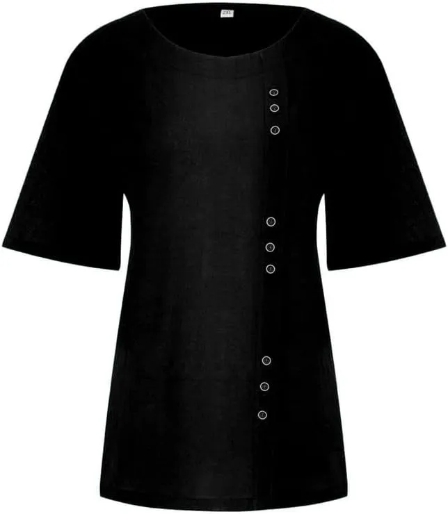 Women's Cotton Linen Shirts Short Sleeve Crewneck Blouse Button Casual Loose Fit T Shirt Tunic Tops for Summer