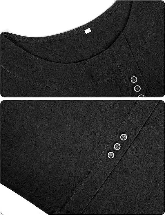 Women's Cotton Linen Shirts Short Sleeve Crewneck Blouse Button Casual Loose Fit T Shirt Tunic Tops for Summer