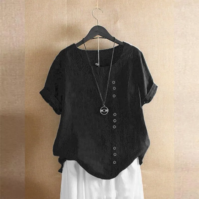 Women's Cotton Linen Shirts Short Sleeve Crewneck Blouse Button Casual Loose Fit T Shirt Tunic Tops for Summer