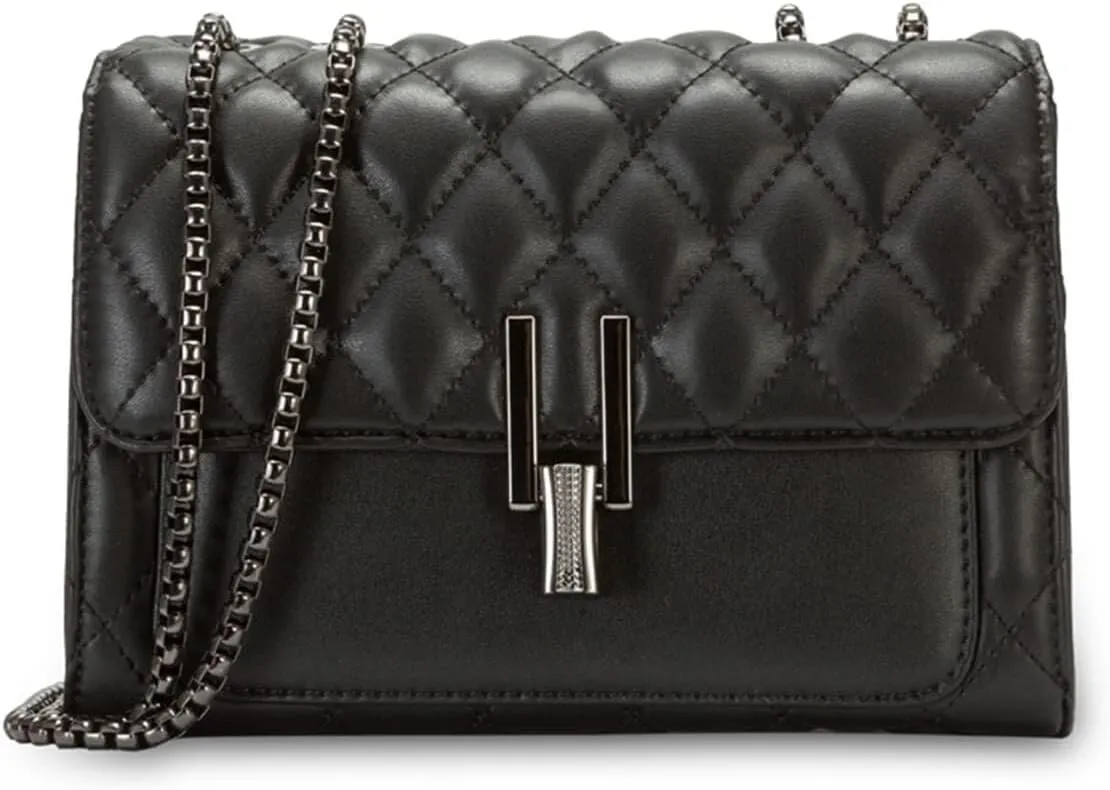 Womens Leather Quilted Crossbody Bag Elegant Top Handle Purse with Flap Closure Shoulder/Satchel Style