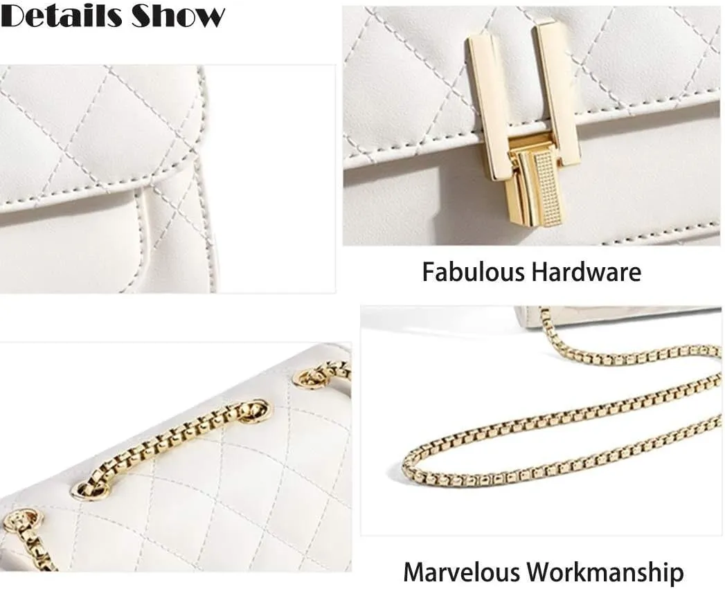 Womens Leather Quilted Crossbody Bag Elegant Top Handle Purse with Flap Closure Shoulder/Satchel Style