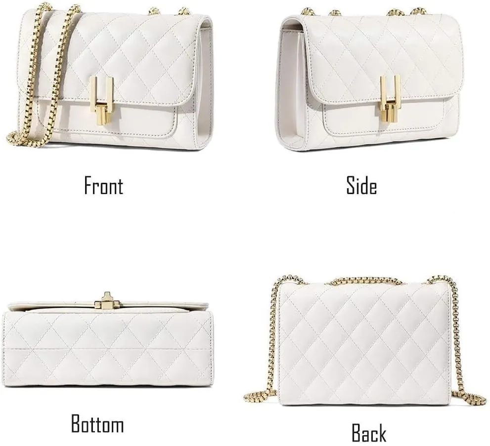 Womens Leather Quilted Crossbody Bag Elegant Top Handle Purse with Flap Closure Shoulder/Satchel Style