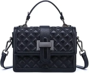 Womens Leather Quilted Crossbody Bag Elegant Top Handle Purse with Flap Closure Shoulder/Satchel Style