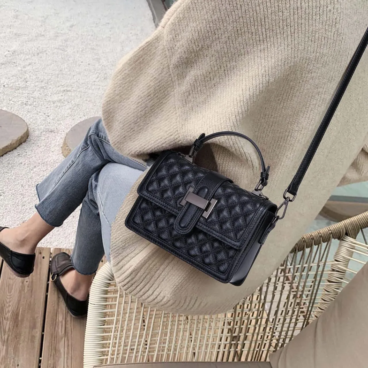 Womens Leather Quilted Crossbody Bag Elegant Top Handle Purse with Flap Closure Shoulder/Satchel Style
