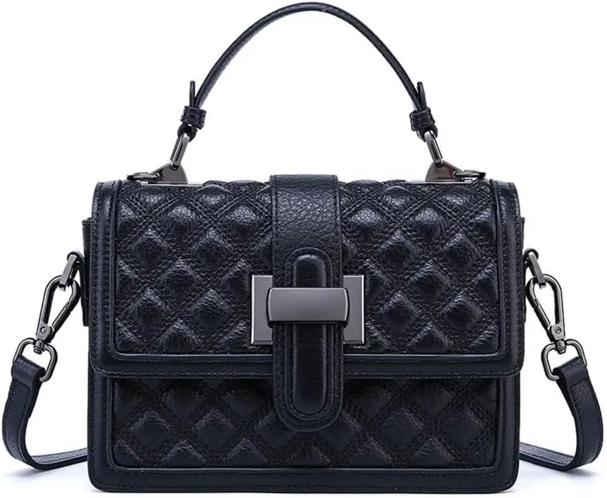 Womens Leather Quilted Crossbody Bag Elegant Top Handle Purse with Flap Closure Shoulder/Satchel Style