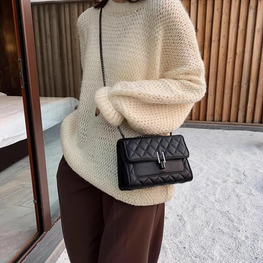 Womens Leather Quilted Crossbody Bag Elegant Top Handle Purse with Flap Closure Shoulder/Satchel Style