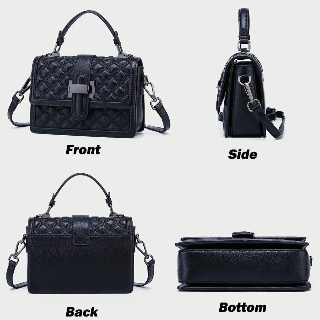Womens Leather Quilted Crossbody Bag Elegant Top Handle Purse with Flap Closure Shoulder/Satchel Style
