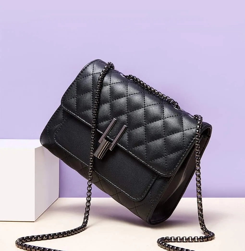Womens Leather Quilted Crossbody Bag Elegant Top Handle Purse with Flap Closure Shoulder/Satchel Style
