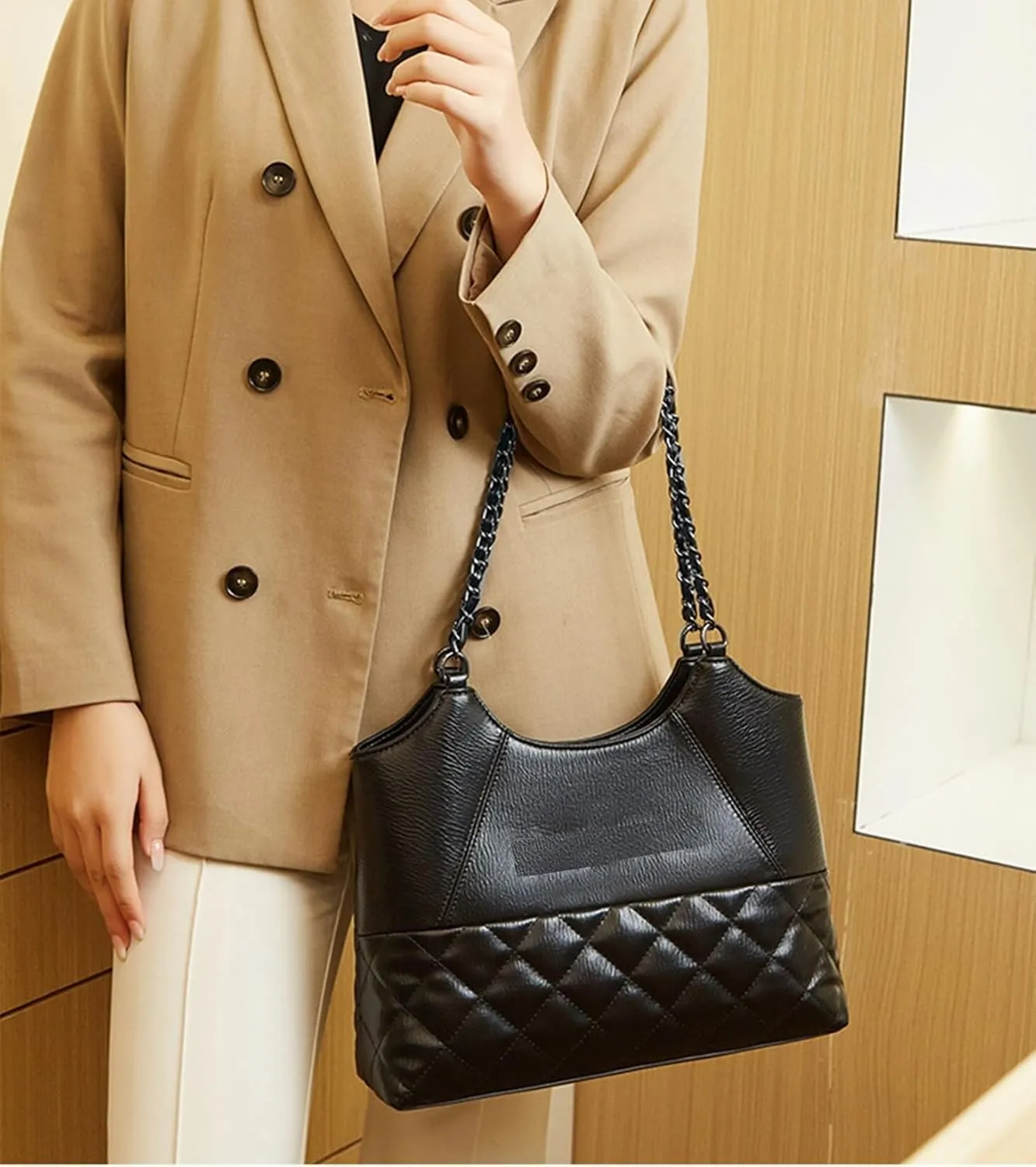 Womens Leather Quilted Crossbody Bag Elegant Top Handle Purse with Flap Closure Shoulder/Satchel Style