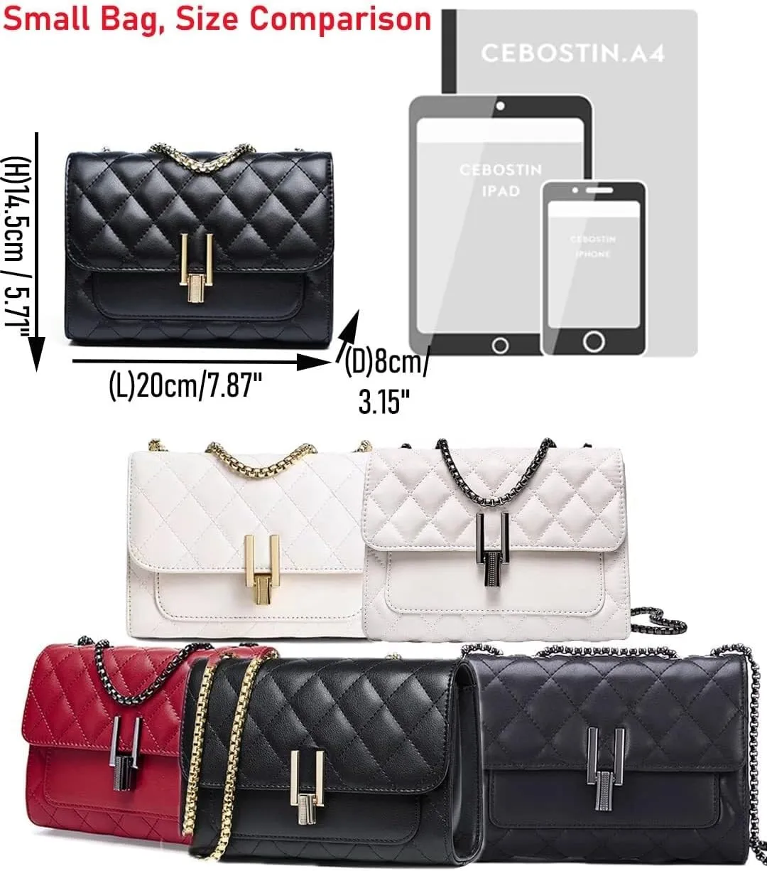 Womens Leather Quilted Crossbody Bag Elegant Top Handle Purse with Flap Closure Shoulder/Satchel Style