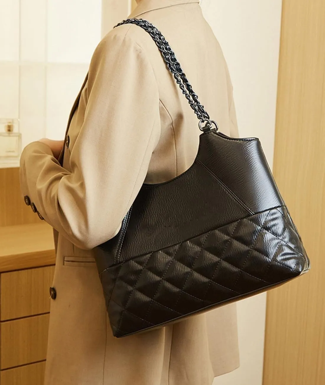 Womens Leather Quilted Crossbody Bag Elegant Top Handle Purse with Flap Closure Shoulder/Satchel Style