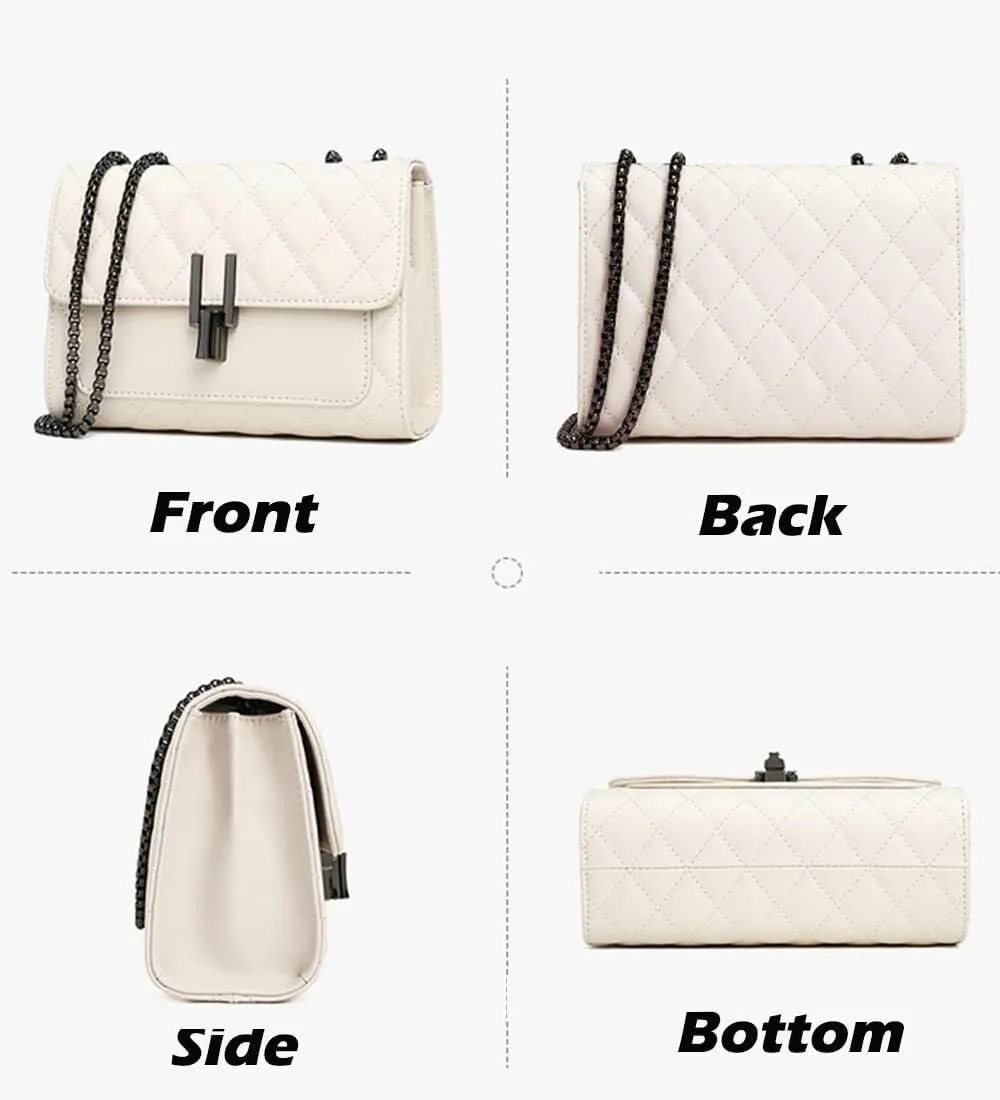 Womens Leather Quilted Crossbody Bag Elegant Top Handle Purse with Flap Closure Shoulder/Satchel Style