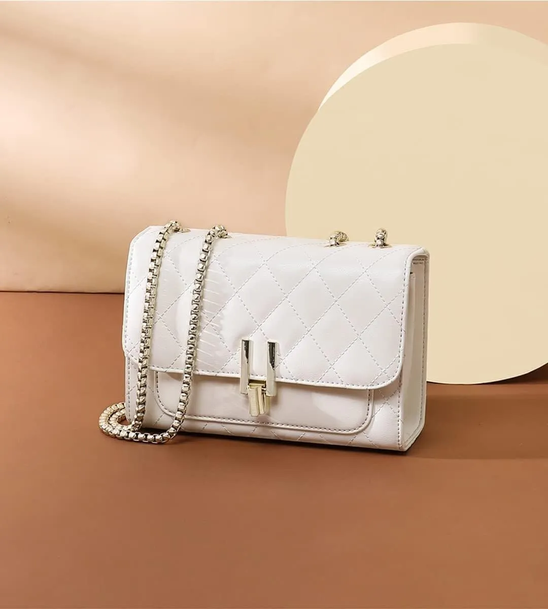Womens Leather Quilted Crossbody Bag Elegant Top Handle Purse with Flap Closure Shoulder/Satchel Style